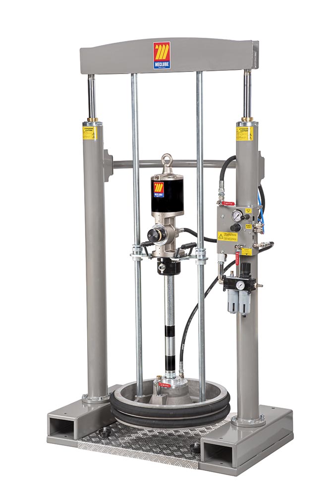 Hydraulic frame lift for grease drums with pump